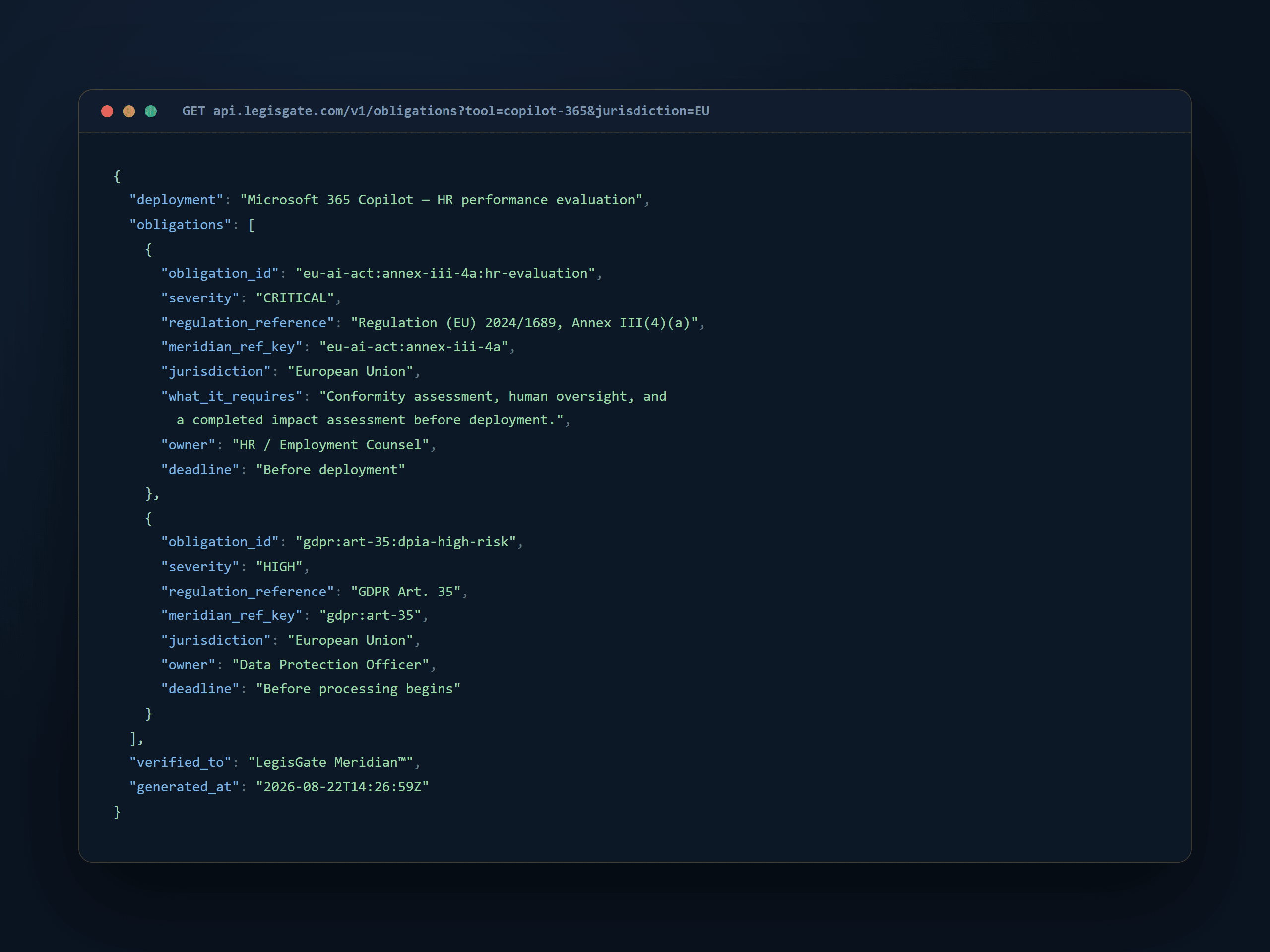 API response showing cited regulatory obligations returned as structured JSON — obligation_id, regulation_reference, and meridian_ref_key for each finding