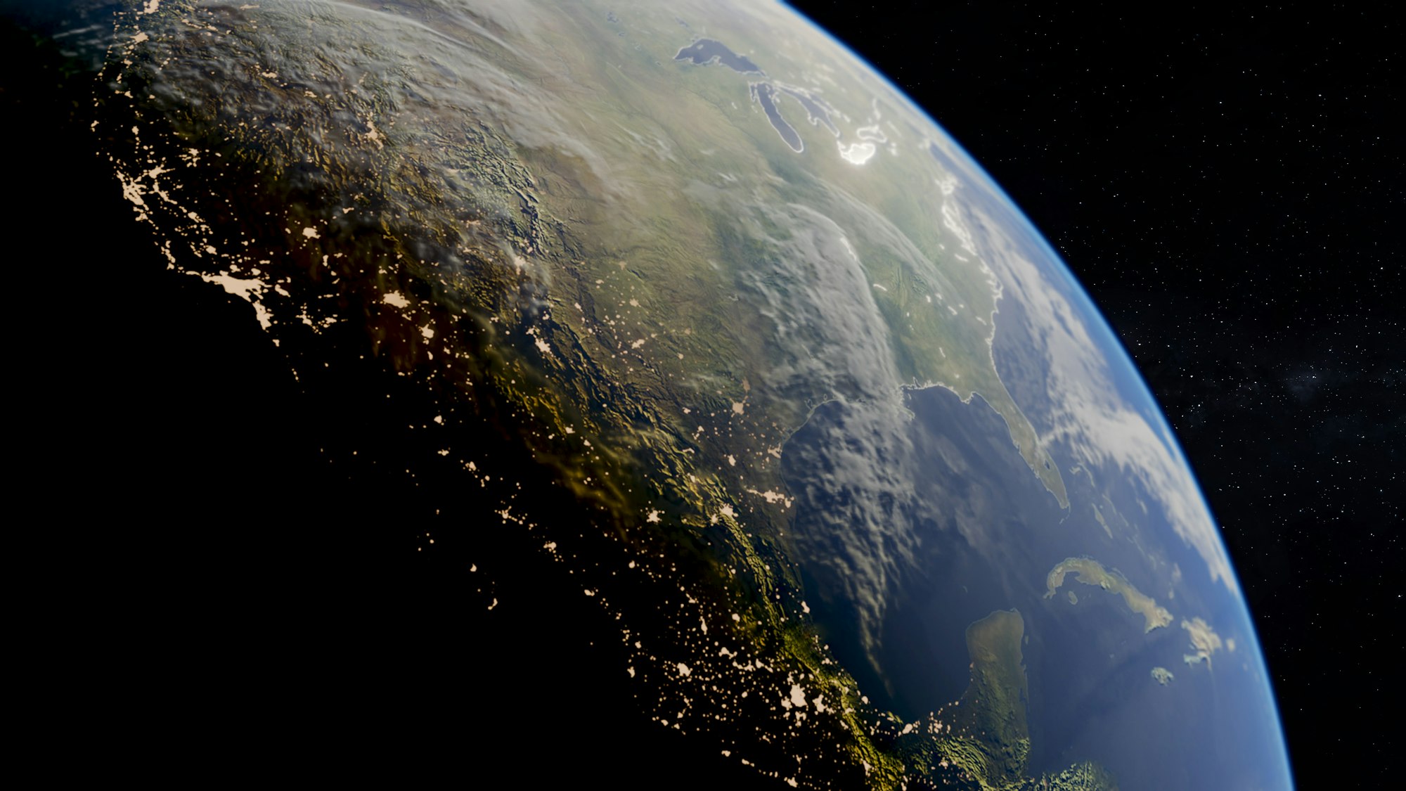 The Earth seen from orbit at night, city lights along the curve of the horizon