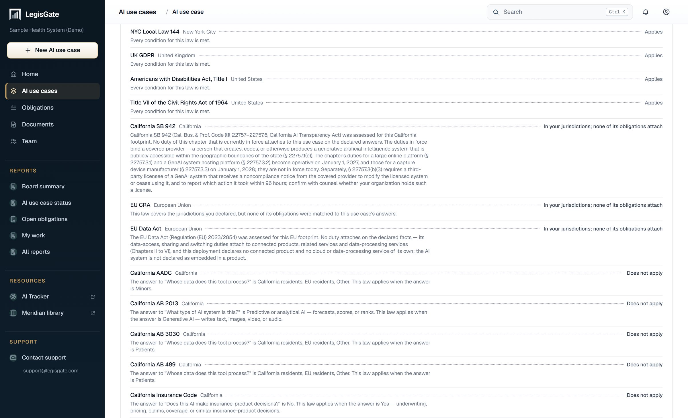 The laws considered for one AI use case in LegisGate, each marked Applies, In your jurisdictions with none of its obligations attached, or Does not apply, with the reason