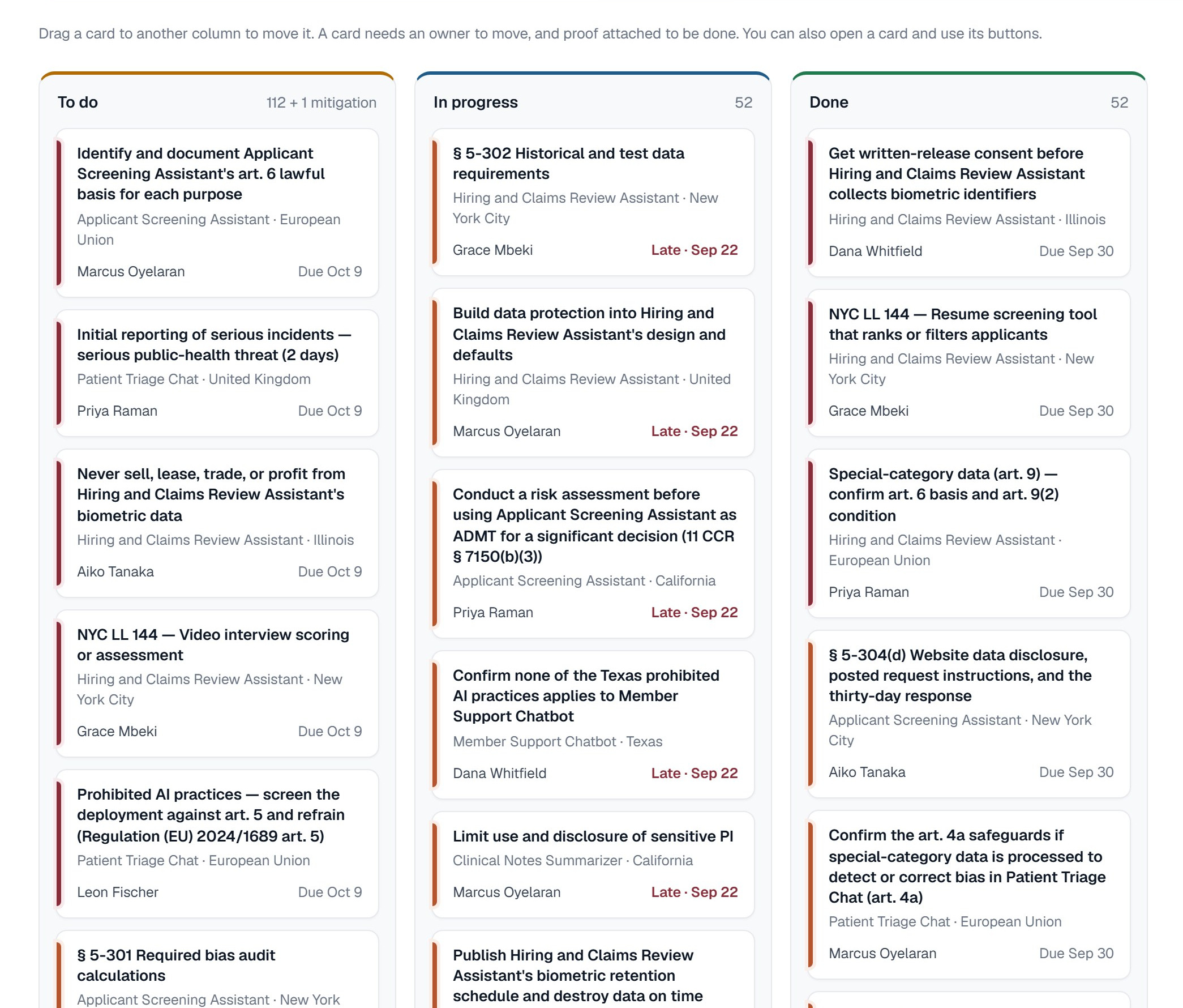 The obligations board in LegisGate: To do, In progress and Done columns, each card naming the obligation, the AI use case, the jurisdiction, its owner and its due date